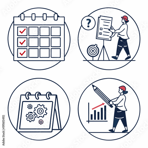 Illustrations of various productivity and planning activities Vector