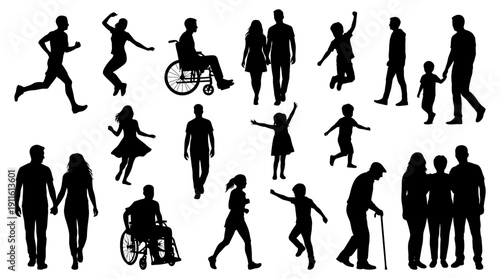 Silhouettes of diverse people in various activities, black figures