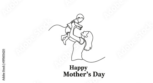 Vector illustration of a child hugging a mother, Happy Mother's Day text, minimalist line art on transparent background