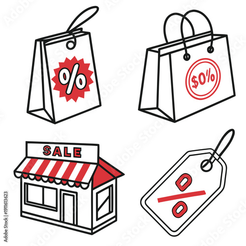 Various sale and discount symbols including a storefront, shopping bags, and tags. Vector