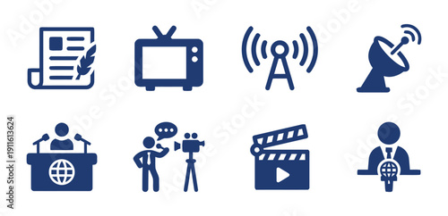 Collection of media and communication icons depicting news journalism broadcasting and technology concepts