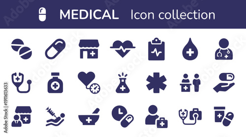 Collection of medical and healthcare icons with a dark blue theme