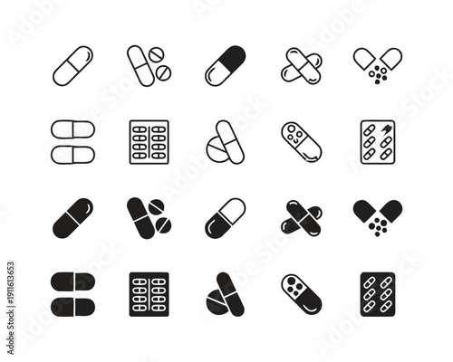 Collection of medicine and pill icons in various forms and blister packs.