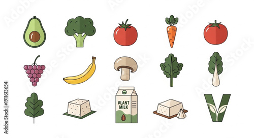 Assorted Fresh Vegetables and Fruits Collection Vector Illustration.