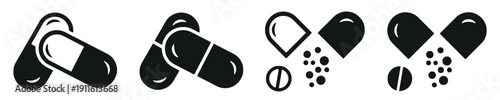 Collection of medical capsule and pill icons in various states of being open or closed