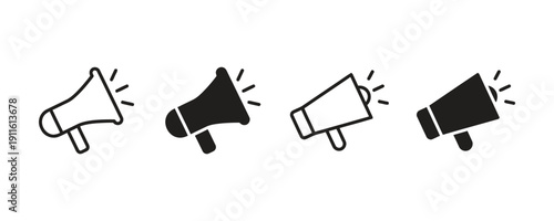 Collection of megaphone icons in outline and solid fill styles for communication and announcement themes