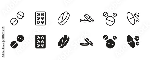 Collection of medicine pills and blister pack icons outline and solid shapes