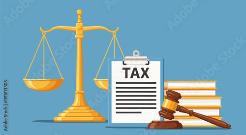 Legal and finance vector illustration with scales of justice, tax document, gavel, and books