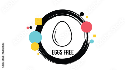 Egg free dietary symbol with a central egg icon and colorful geometric shapes represents food allergy awareness.