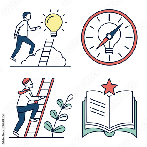 Illustrations of people climbing a ladder, reading a book, and achieving goals Vector