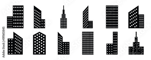 Collection of modern skyscraper building icons in black and white vector art