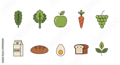Collection of healthy food icons and illustrations.