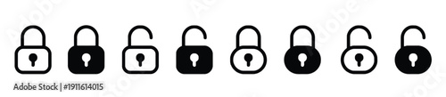 Collection of padlock icons representing locked and unlocked security and protection in black and white