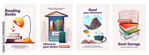 Book reading posters. Cartoon covers with open book, quotes and titles for flyer and advertising design. Vector flyer with book reader mobile app poster collection