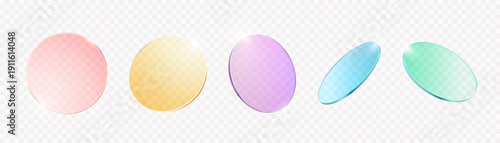 Color round glass. Gradient tinted transparent round plates, lens or disk with glossy mirror reflection. 3d realistic render Y2k glass morphism isolated vector set