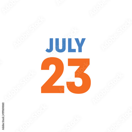 Minimalist graphic showing July 23. Blue text for month, orange numbers for day. Clean white background. Visual clarity for schedules and events and