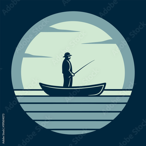 A lone fisherman stands in a small boat casting 