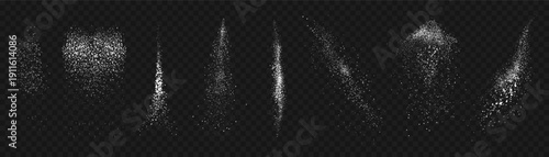 Sugar and salt powder. White flour or snow scattered texture, falling grains. Sea salt flying crystals, cooking seasoning. Chalk dust, detergent scattering. Vector 3D realistic isolated set