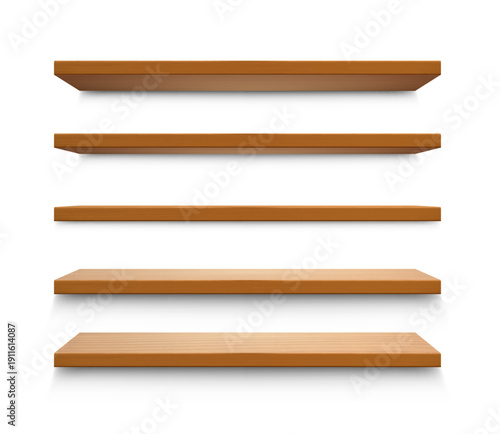 Wooden shelves. Wood shelf, 3D empty wall bookshelf with shadow and perspective, book box, bar furniture for store display or home library. Vector isolated realistic template