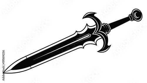 Stylized black and white illustration of a fantasy medieval broadsword with a sharp blade and decorative hilt design for various games.