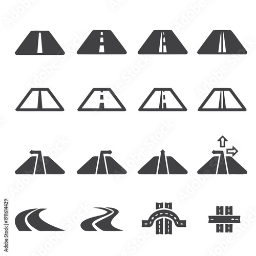 Collection of road and highway icons representing different types of routes and traffic management