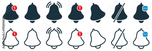 Collection of ringing bells notification icons with alert and muted symbols