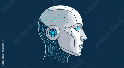 Cyborg head with glowing blue circuit eye and futuristic design on dark background symbolizing artificial intelligence and technology