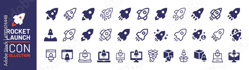 Collection of rocket launch and space exploration icons for business success and technology concepts