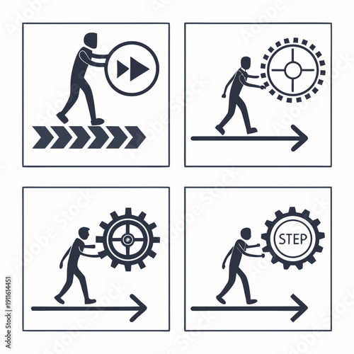 Illustrations of people working together to achieve goals and overcome obstacles Vector