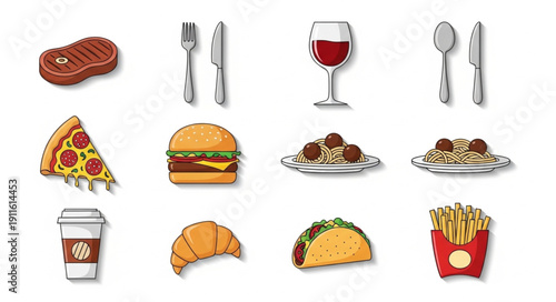 Collection of Popular Fast Food and Restaurant Meal Icons.