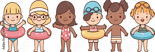 Cute cartoon kids in swimwear with float rings vector illustration set of happy children characters