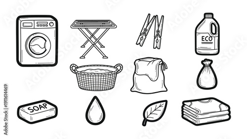 Laundry Day Essentials: A simple illustration showcasing essential elements of laundry day, from a washing machine to eco-friendly detergent and freshly folded clothes.