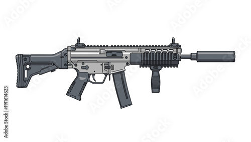 Modern tactical assault rifle with a silencer and vertical foregrip shown in a detailed pixel art style for military action games.