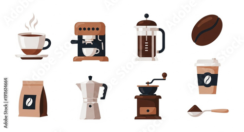 Collection of coffee making equipment and drinks.