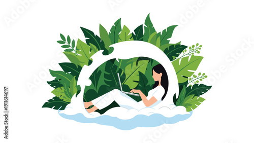Professional woman working on her laptop while sitting comfortably within a lush arrangement of tropical green leaves and white clouds.