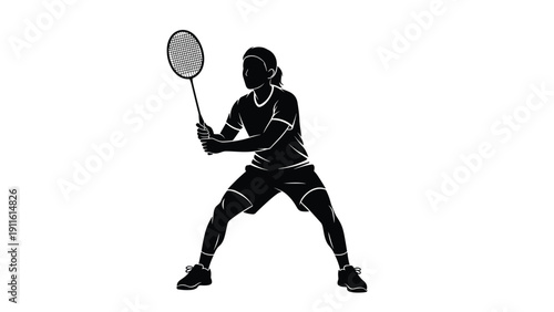 Black silhouette of a female athlete playing badminton in a dynamic pose during a competitive match or daily fitness exercise session.