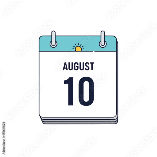 Modern illustration of an August 10th calendar page featuring a bright sun icon for daily planning and important date reminders. Perfect for time
