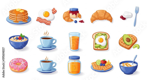 Collection of delicious breakfast food items and drinks.
