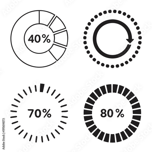 Four circular graphics displaying different percentage values in a visually appealing manner Vector