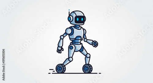 Futuristic robot character illustration with wheeled legs and modern design elements on white background