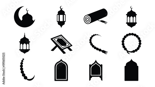 Ramadan icons and symbols black silhouettes on white background islamic faith representation