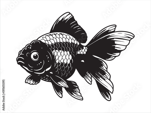 Black and white illustration of a swimming goldfish with detailed fins
