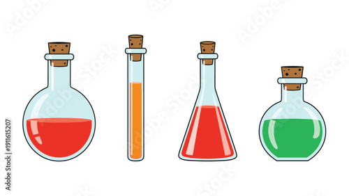 Set of various chemical glass flasks and test tubes filled with red, orange, and green liquids for scientific laboratory research work.