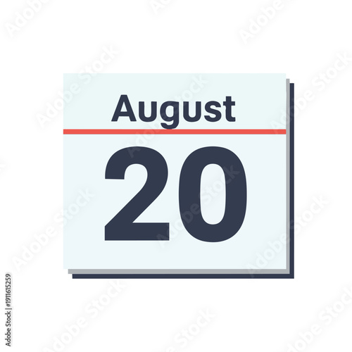 Illustrative representation of the twentieth day of August prominently displayed on a simple, clean, digital calendar page icon perfect for