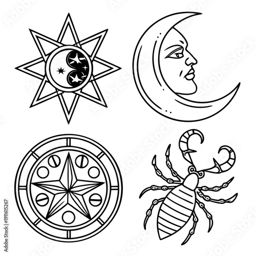Ancient symbols and celestial bodies illustrated in intricate black and white designs Vector