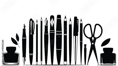 Stationery items include pens, pencils, scissors and ink bottles illustration