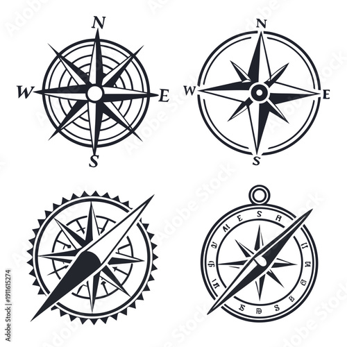 Four different compasses with unique designs and orientations displayed together Vector