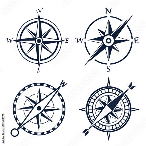 Four distinct compasses with unique designs and orientations. Vector