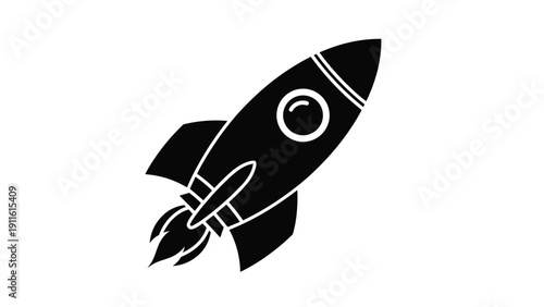 Black silhouette of a space rocket ship taking off at high speed represents innovation, exploration, startup growth, and technology.