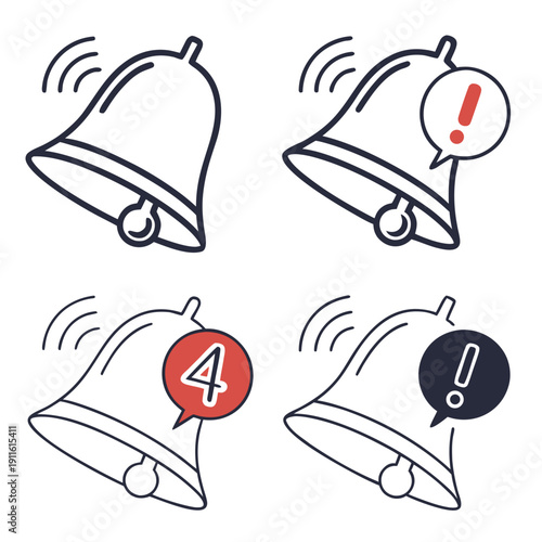 Four bells with different colored exclamation marks inside them Vector
